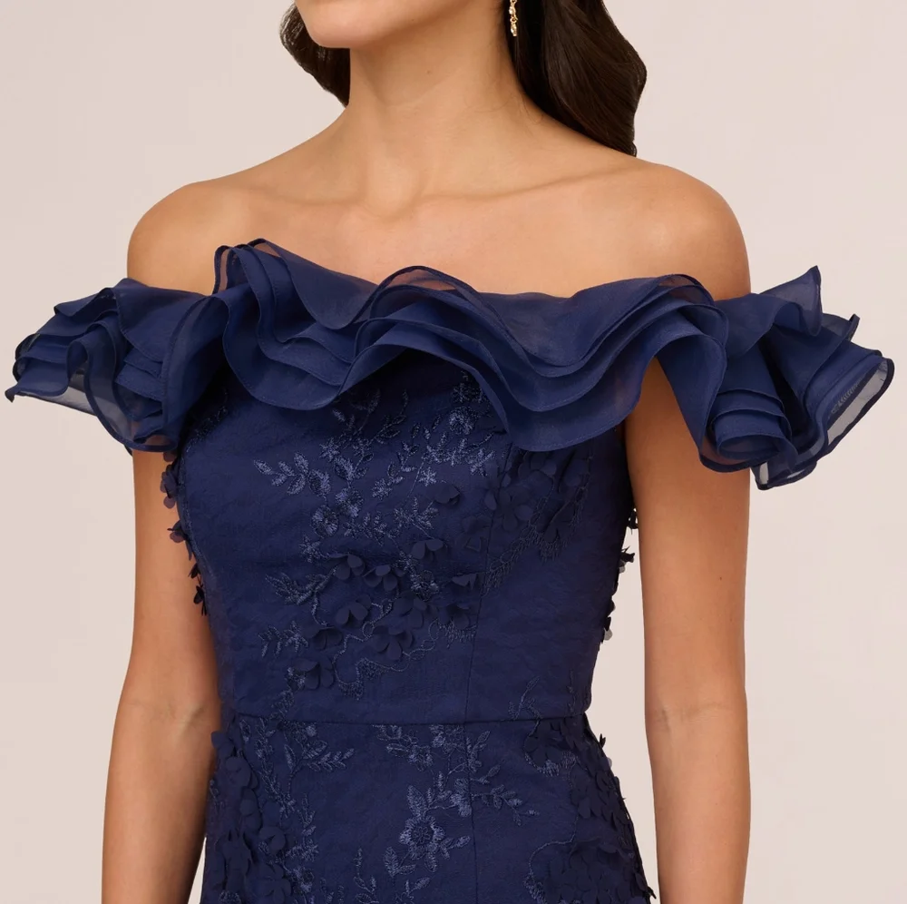 NWT Adrianna Papell Navy Blue Floral Ruffle Off The Shoulder Gown 4 - Picture 3 of 7